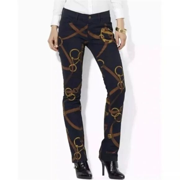 LRL Ralph Lauren Equestrian Horse Bit Pattern Black Jeans Sz 0 - Picture 1 of 12